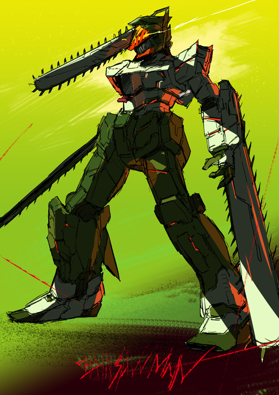 denji and unicorn gundam (gundam and 2 more) drawn by pump_(pumpqmuq)