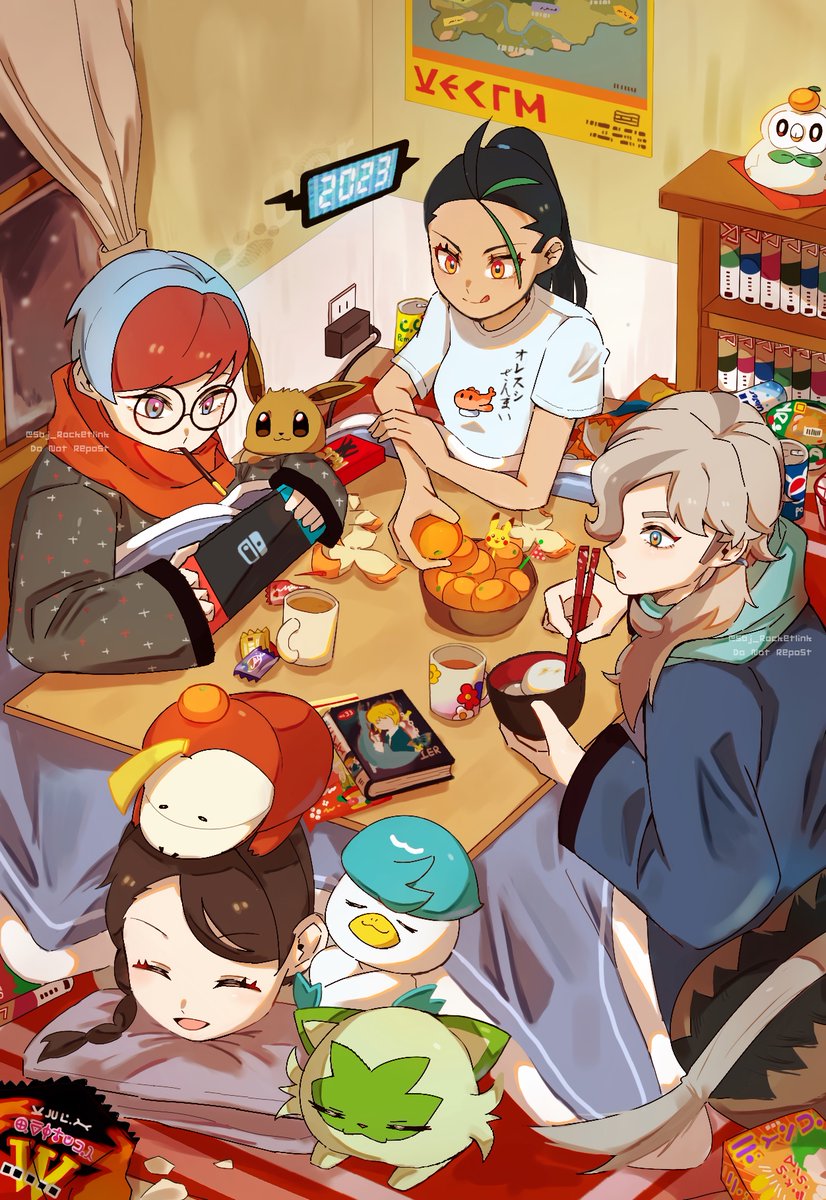 pikachu, eevee, rowlet, juliana, sprigatito, and 6 more (pokemon and 1 more) drawn by yomogi_dango_(sbj_rocketlink)