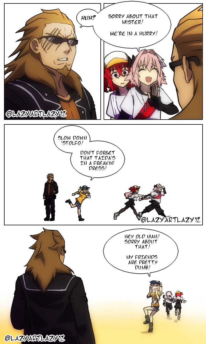 fujimaru ritsuka, astolfo, mordred, and shishigou kairi (fate and 2 more) drawn by lazyartlazy12 and tyrnickleback