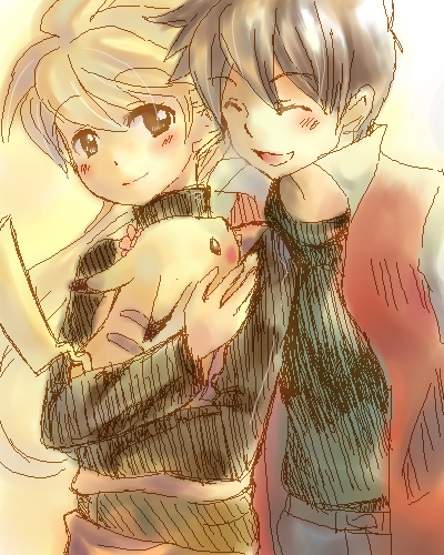 pikachu, red, yellow, and chuchu (pokemon and 1 more) drawn by tachiuo_(arines)
