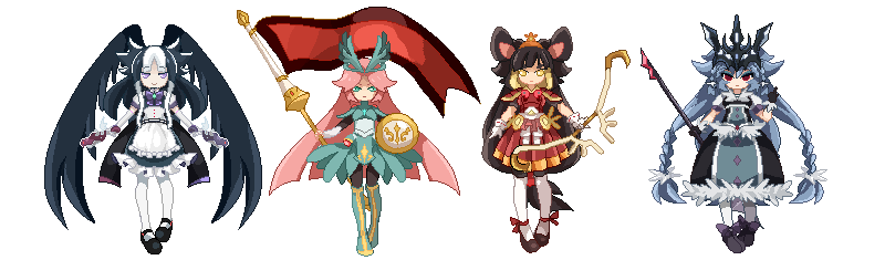 senkishi brunnhilde, kokuu no megami athena, akatsuki no miko amaterasu, and hakugin no jouou geruda (inazuma eleven and 2 more) drawn by shouen_kigashi