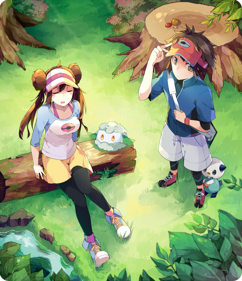 rosa, oshawott, nate, and cottonee (pokemon and 1 more) drawn by joodaru