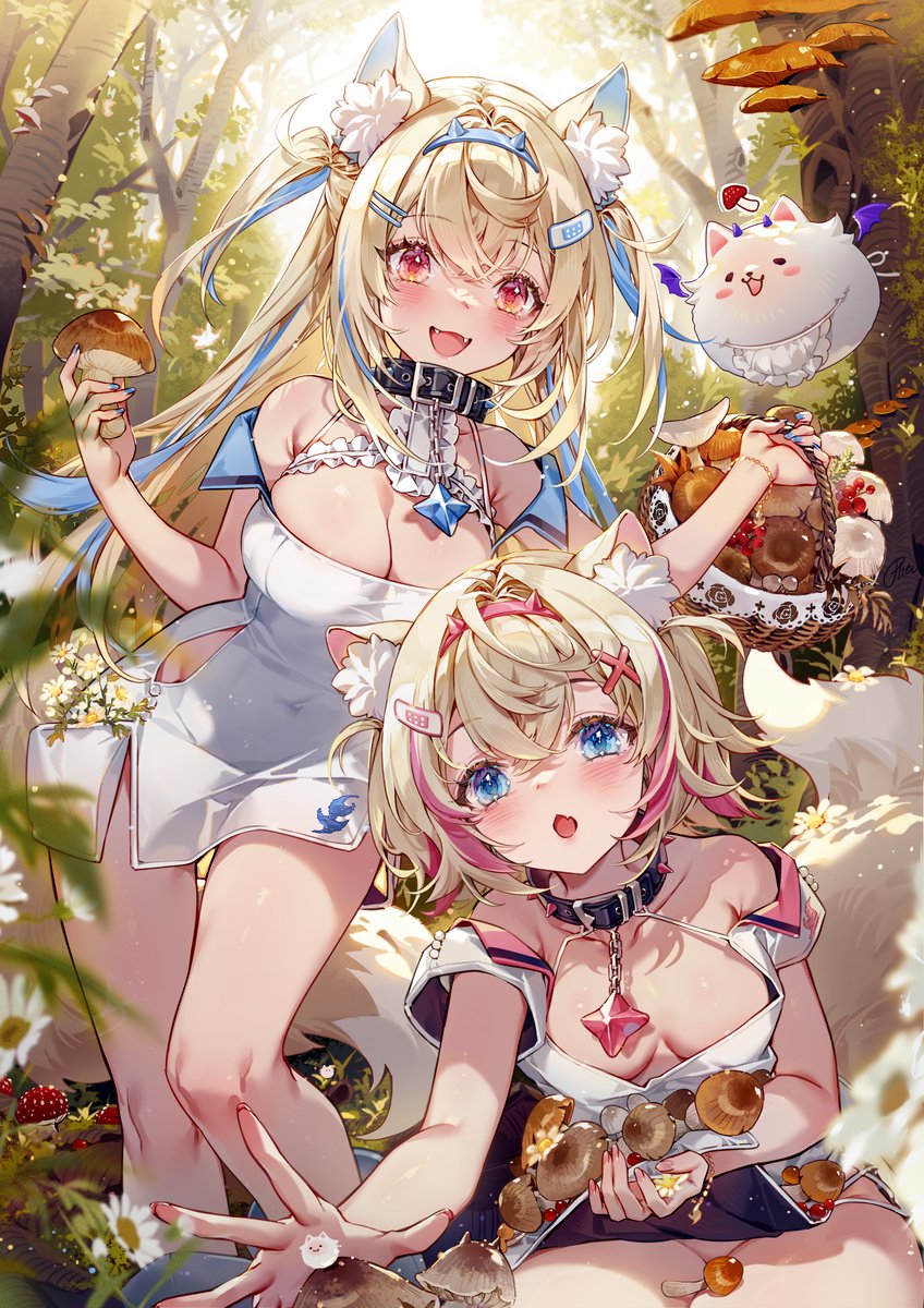 fuwawa abyssgard, mococo abyssgard, and perroccino (hololive and 1 more) drawn by hieihirai