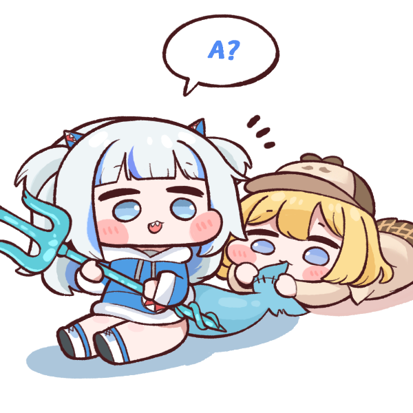 gawr gura, watson amelia, smol ame, and smol gura (hololive and 1 more) drawn by bulga