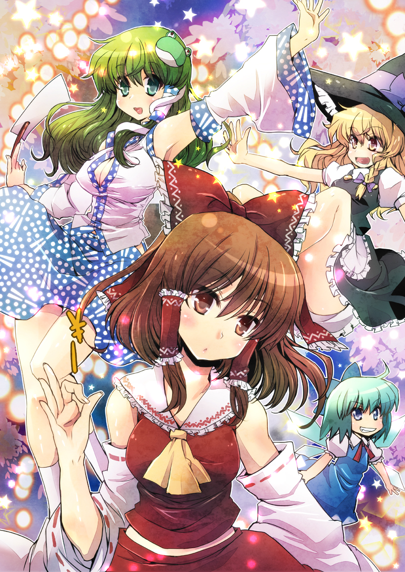 hakurei reimu, kirisame marisa, kochiya sanae, and cirno (touhou) drawn by asai_ichiko