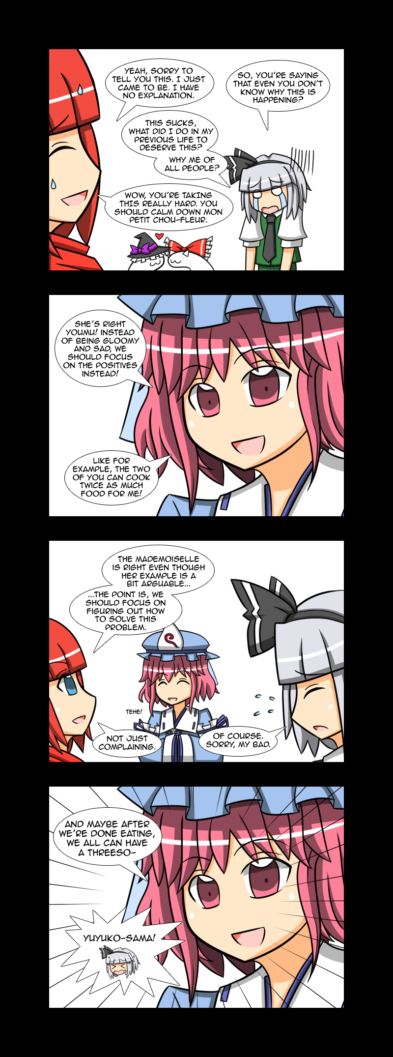 hakurei reimu, kirisame marisa, konpaku youmu, and saigyouji yuyuko (touhou and 1 more) drawn by lunarisaileron