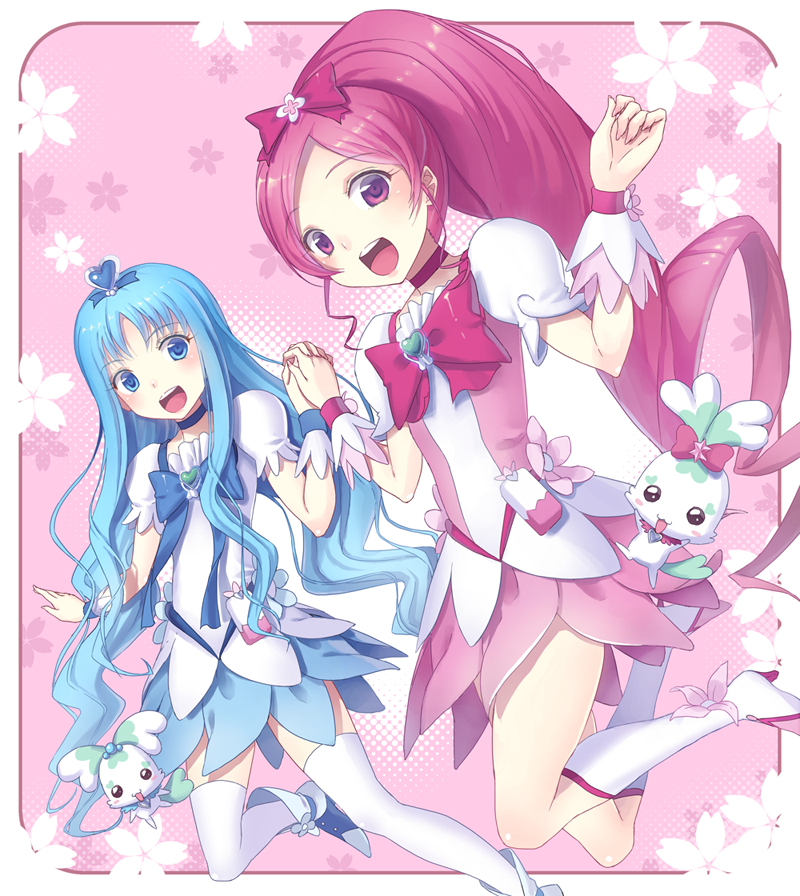 kurumi erika, hanasaki tsubomi, cure marine, cure blossom, coffret, and 1 more (precure and 1 more) drawn by kitiroku