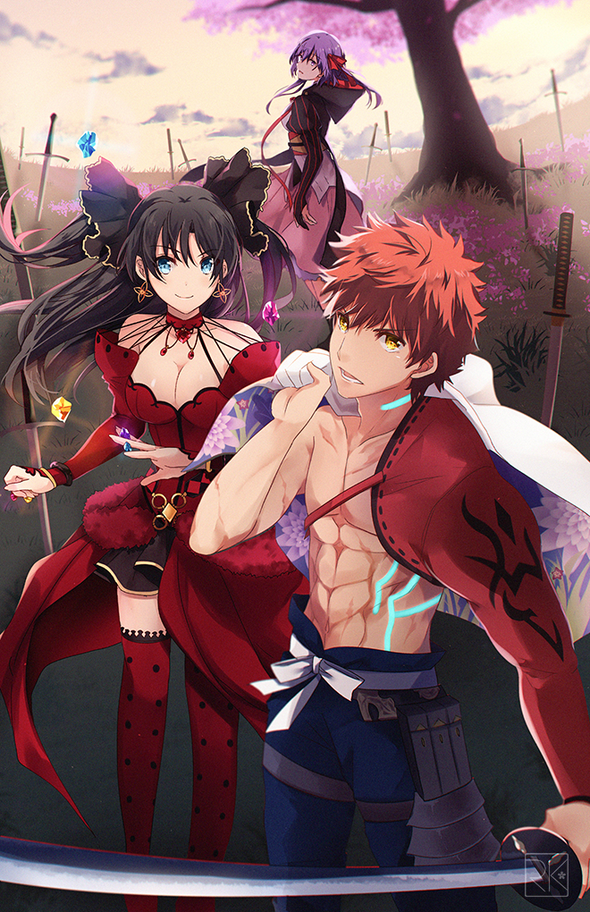 tohsaka rin, emiya shirou, matou sakura, and senji muramasa (fate and 1 more) drawn by k-rumi