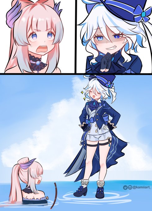 furina and sangonomiya kokomi (genshin impact) drawn by kamiiart