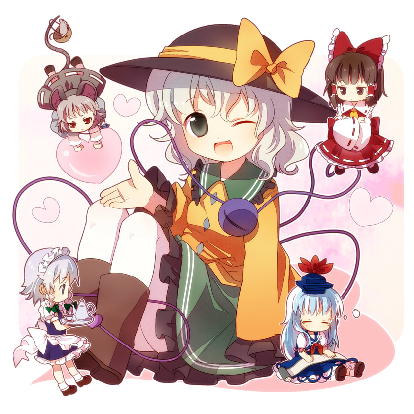 hakurei reimu, izayoi sakuya, komeiji koishi, kamishirasawa keine, and nazrin (touhou) drawn by chaba_(hortensia)