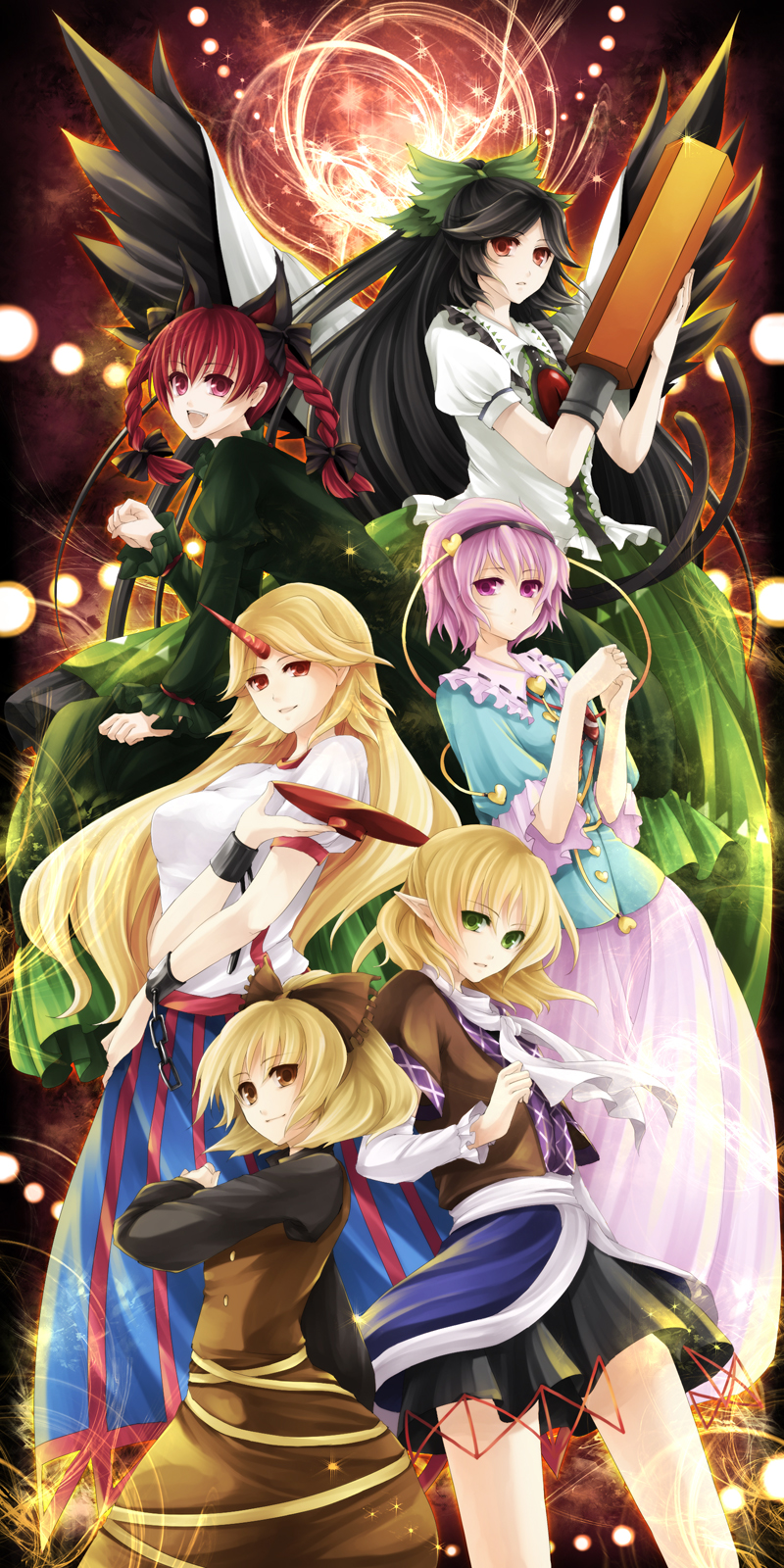 komeiji satori, kaenbyou rin, reiuji utsuho, mizuhashi parsee, hoshiguma yuugi, and 1 more (touhou and 1 more) drawn by hagiwara_rin