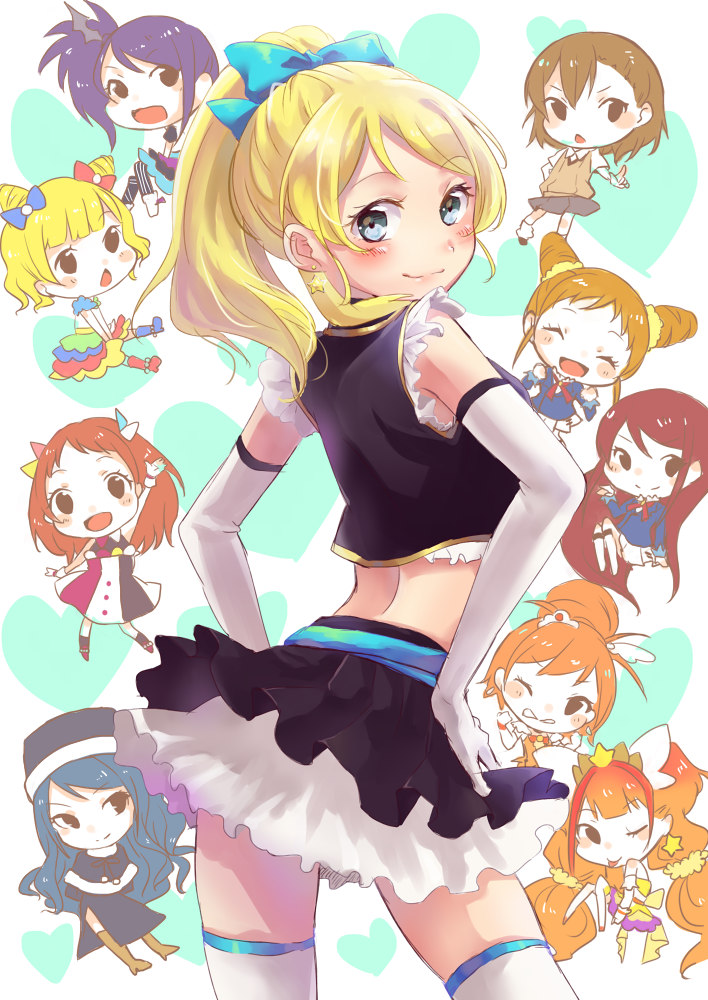 misaka mikoto, ayase eli, hino akane, amanogawa kirara, cure sunny, and 7 more (love live! and 10 more) drawn by chiigo