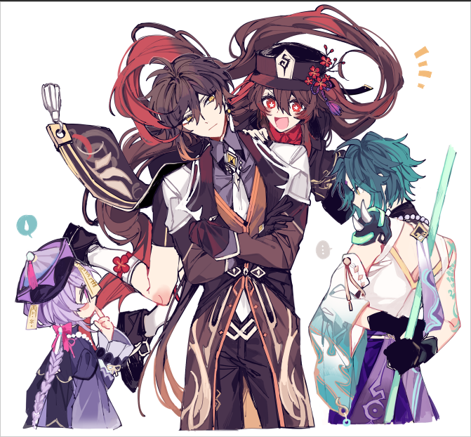 hu tao, zhongli, xiao, and qiqi (genshin impact) drawn by akina422