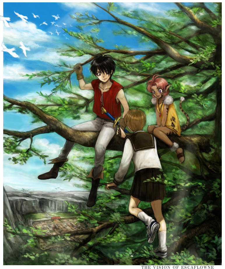 kanzaki hitomi, van fanel, and merle (tenkuu no escaflowne) drawn by tadano_tsutomu