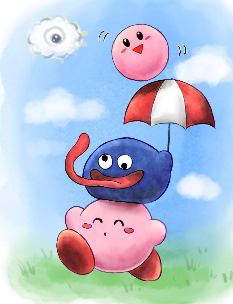 kirby, gooey, kracko, and batamon (kirby) drawn by kicdon