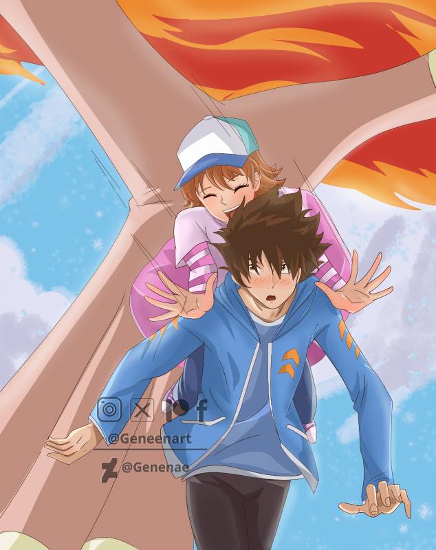 yagami taichi, takenouchi sora, and birdramon (digimon and 2 more) drawn by genenaeart