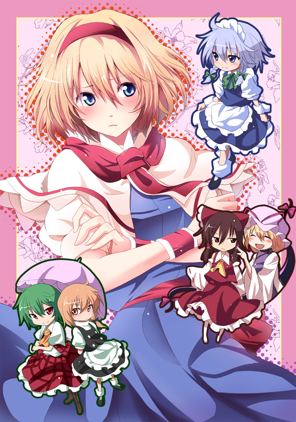 hakurei reimu, kirisame marisa, izayoi sakuya, alice margatroid, yakumo yukari, and 1 more (touhou) drawn by sen'yuu_yuuji