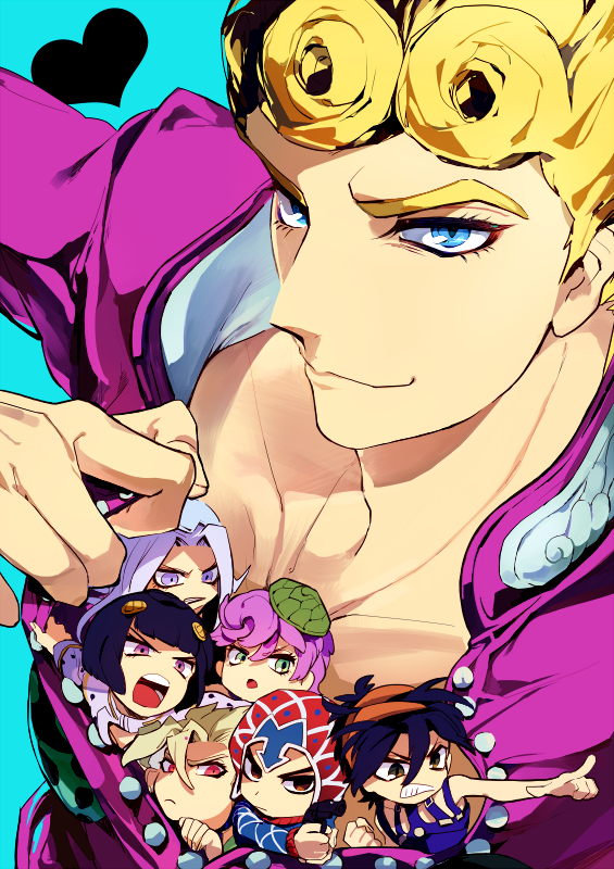 giorno giovanna, bruno bucciarati, guido mista, narancia ghirga, pannacotta fugo, and 3 more (jojo no kimyou na bouken and 1 more) drawn by mapi