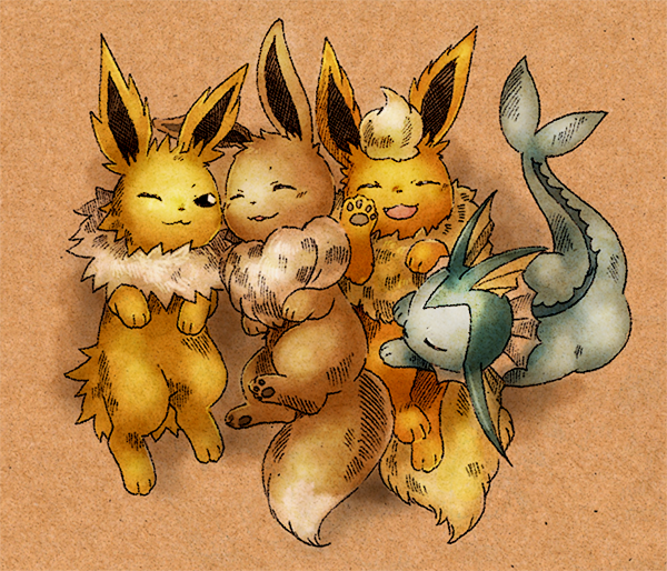 eevee, vaporeon, flareon, and jolteon (pokemon) drawn by matsuri_(matsuike)