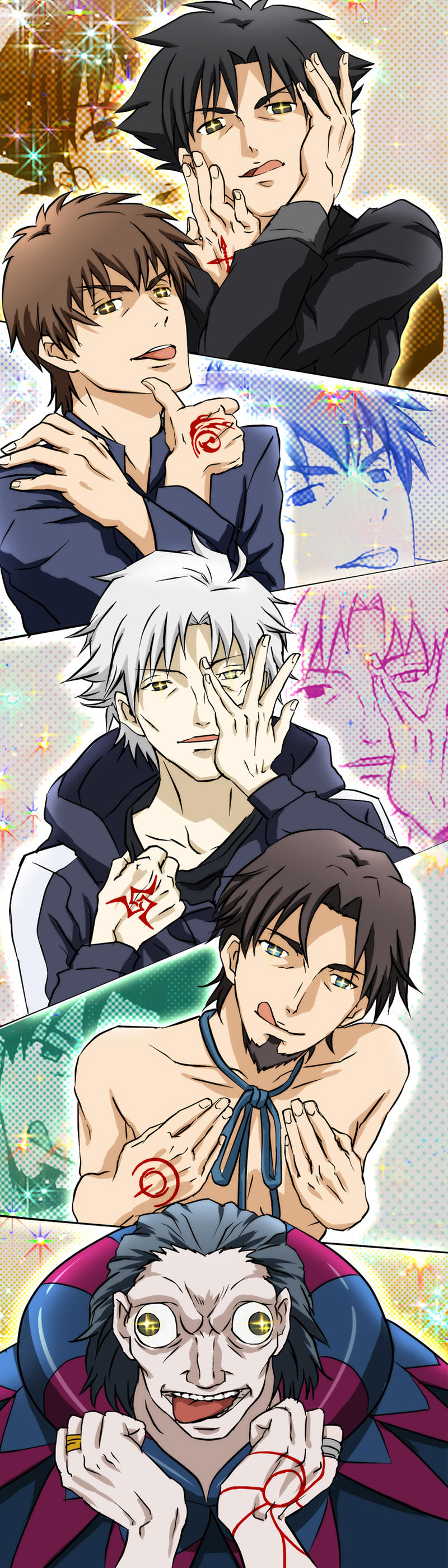 kotomine kirei, emiya kiritsugu, matou kariya, gilles de rais, and tohsaka tokiomi (fate and 1 more) drawn by jigoku_meguri