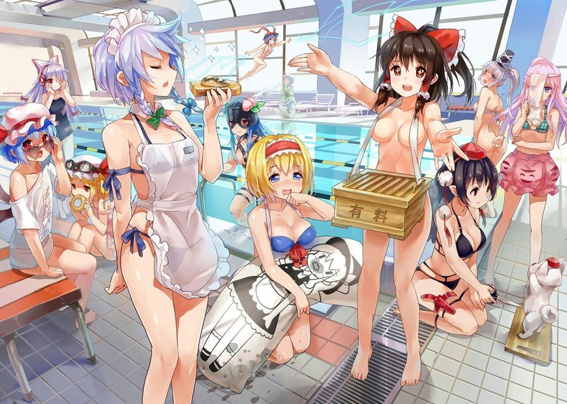 hakurei reimu, remilia scarlet, flandre scarlet, and izayoi sakuya (touhou) drawn by 77gl