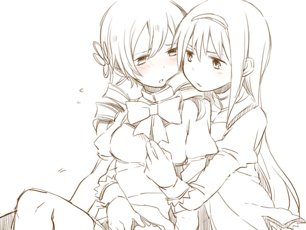 akemi homura and tomoe mami (mahou shoujo madoka magica) drawn by kutsuwada_on