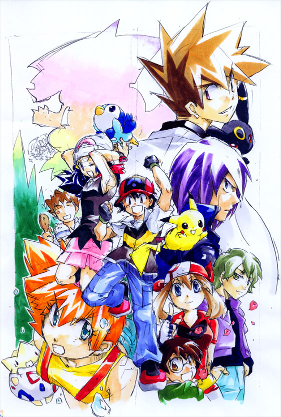 pikachu, dawn, may, ash ketchum, misty, and 10 more (pokemon and 2 more) drawn by h_kazami