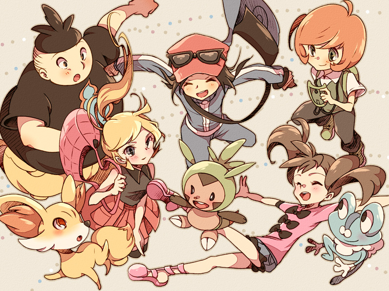 serena, calem, fennekin, chespin, froakie, and 3 more (pokemon and 1 more) drawn by atom_(@tom)
