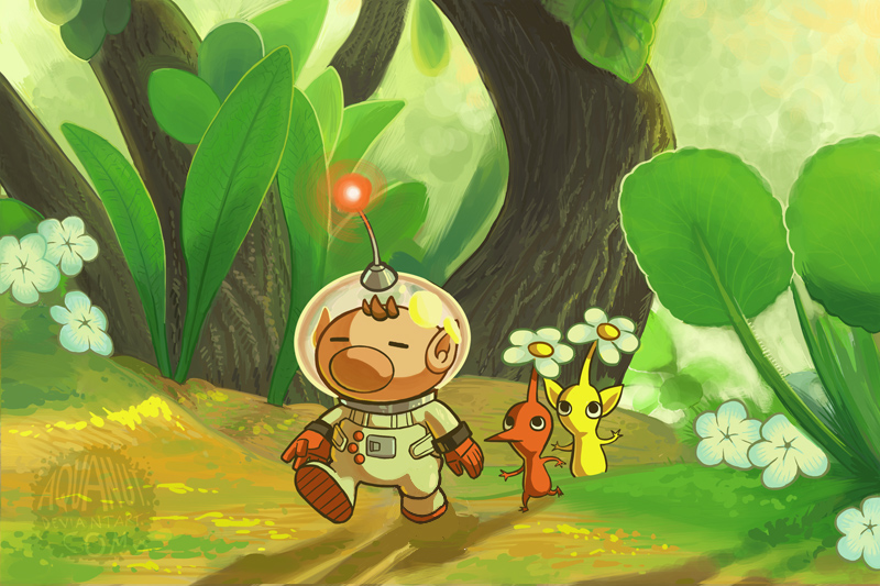 red pikmin, olimar, and yellow pikmin (pikmin) drawn by aquanut