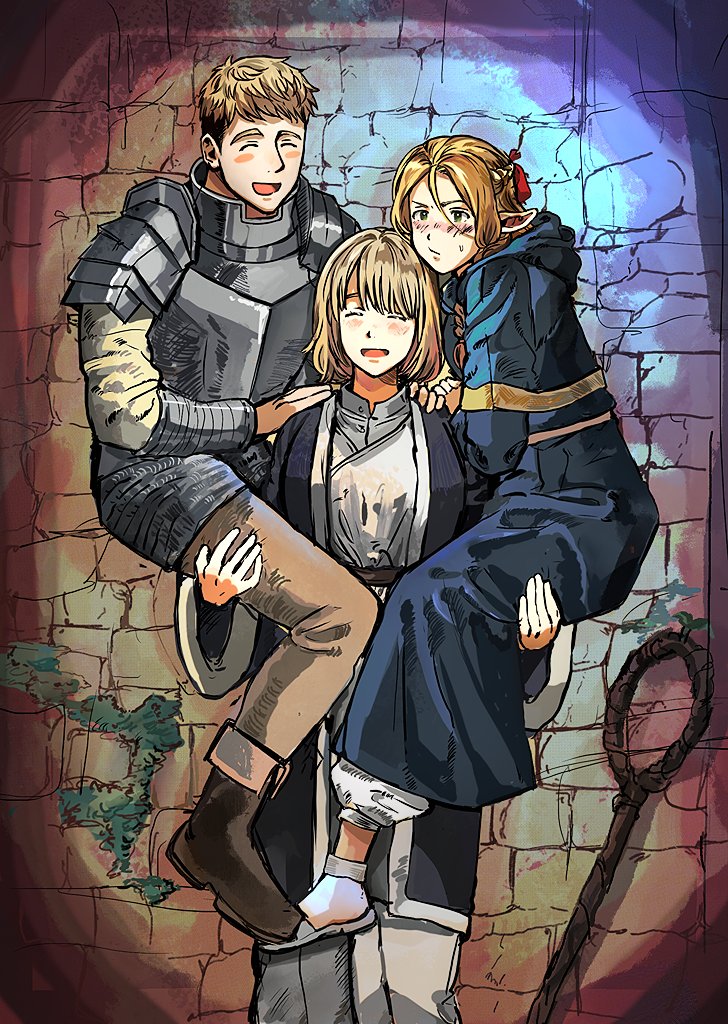 marcille donato, falin touden, and laios touden (dungeon meshi) drawn by chaaamyii