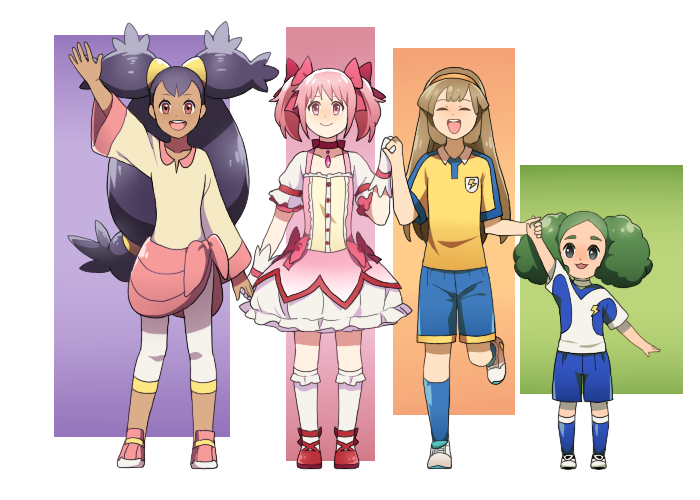 kaname madoka, iris, nanobana kinako, yuuki aoi, and morimura konoha (pokemon and 6 more) drawn by mio_(jian_wei)