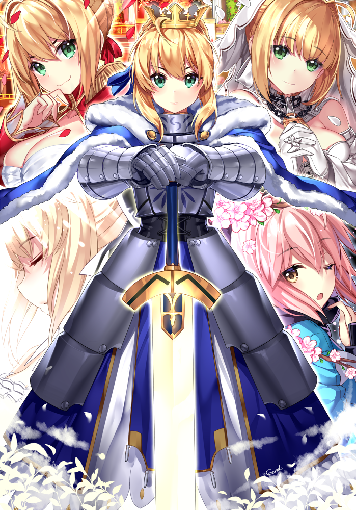 artoria pendragon, saber, okita souji, nero claudius, and saber lily (fate and 3 more) drawn by gendo0032