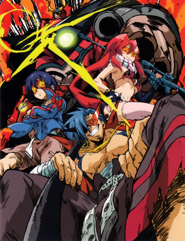 yoko littner, simon, kamina, and gurren-lagann (tengen toppa gurren lagann) drawn by kojima_hirokazu