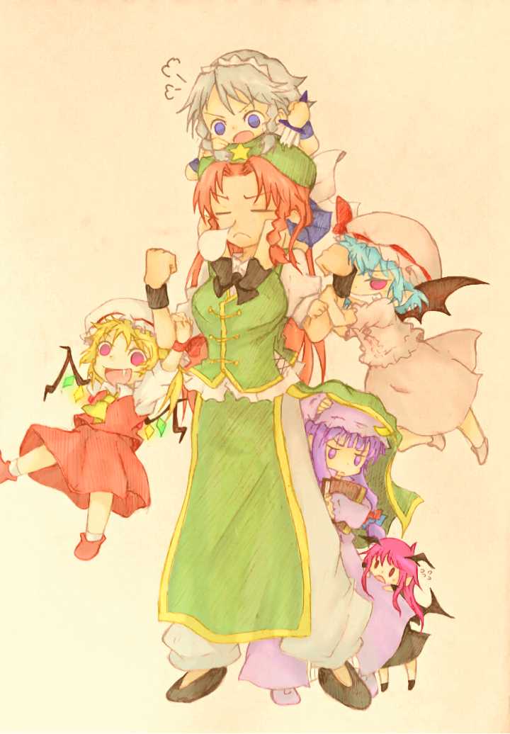 remilia scarlet, flandre scarlet, izayoi sakuya, patchouli knowledge, hong meiling, and 1 more (touhou and 1 more) drawn by denciu