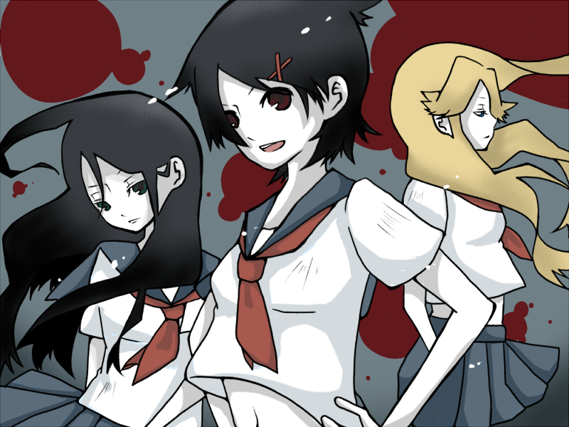 fuura kafuka, kitsu chiri, and kimura kaere (sayonara zetsubou sensei) drawn by btb