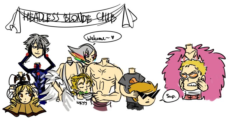 tomoe mami, dio brando, nagisa kaworu, donquixote doflamingo, kiryuuin ragyou, and 1 more (mahou shoujo madoka magica and 8 more) drawn by adelheid_(moschiola)