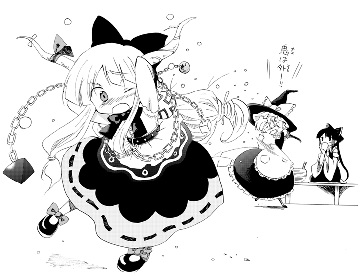 hakurei reimu, kirisame marisa, and ibuki suika (touhou) drawn by aki_eda