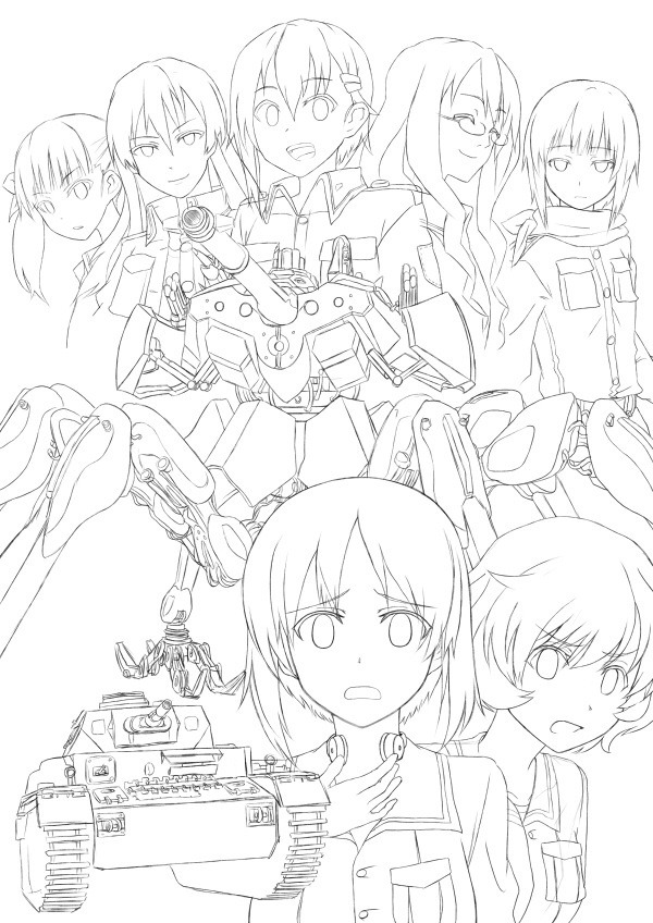 nishizumi miho, akiyama yukari, sorami kanata, kannagi noel, suminoya kureha, and 3 more (girls und panzer and 1 more) drawn by rin_yu_shijin