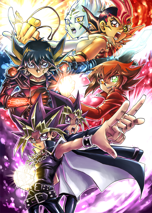 yuki judai, fudo yusei, yami yugi, tsukumo yuma, astral, and 1 more (yu-gi-oh! and 4 more) drawn by raku_(howdy)