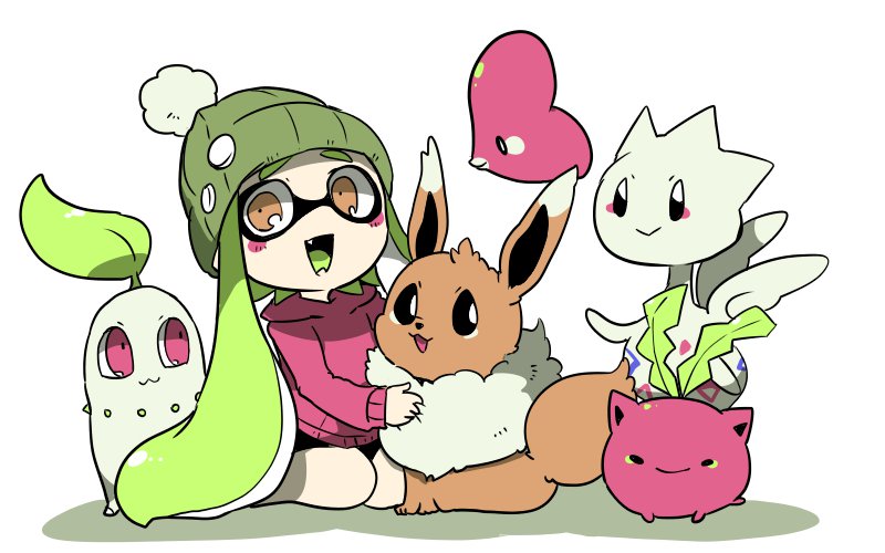inkling player character, inkling girl, eevee, chikorita, luvdisc, and 2 more (pokemon and 2 more) drawn by nana_(raiupika)