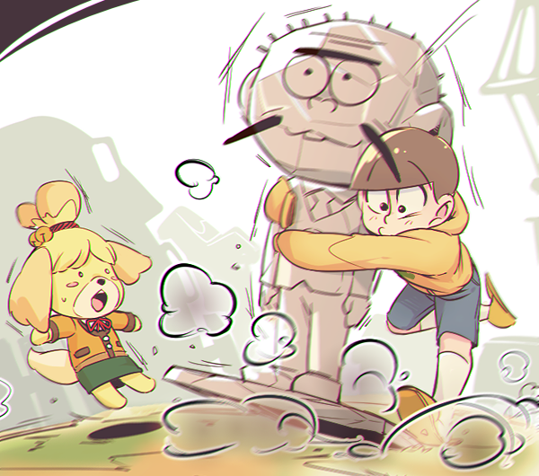 matsuno jyushimatsu, isabelle, and hijirisawa shonosuke (animal crossing and 2 more) drawn by rian_(bdl)