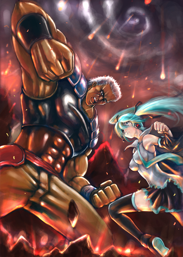 hatsune miku and raoh (vocaloid and 2 more) drawn by kengko