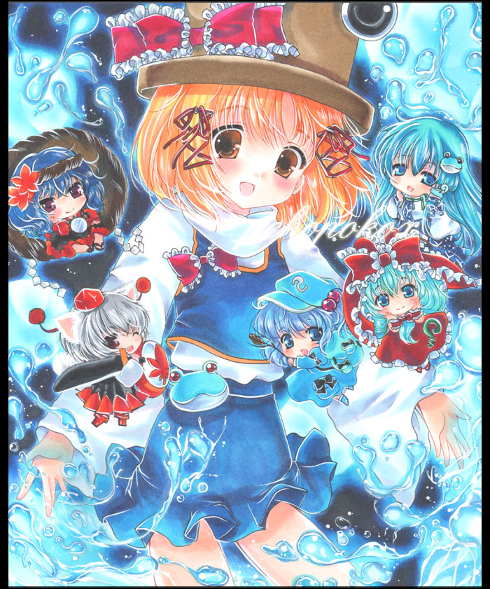 kochiya sanae, inubashiri momiji, moriya suwako, kawashiro nitori, yasaka kanako, and 1 more (touhou and 1 more) drawn by pekopokox