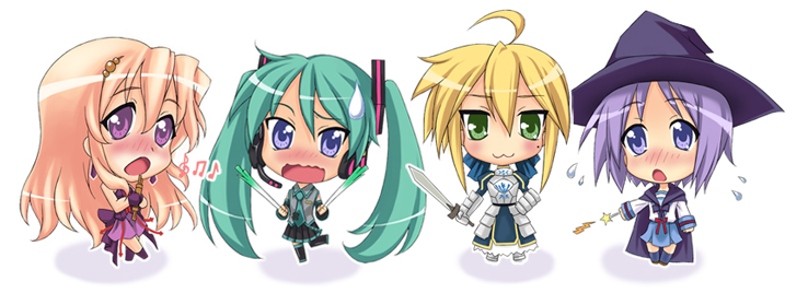 hatsune miku, artoria pendragon, saber, nagato yuki, hiiragi kagami, and 5 more (fate and 6 more) drawn by kanda_(squall-rinoa)