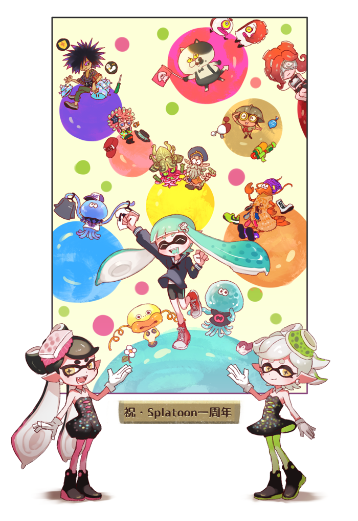 inkling player character, inkling girl, callie, marie, takozonesu, and 13 more (splatoon and 1 more) drawn by nichaku