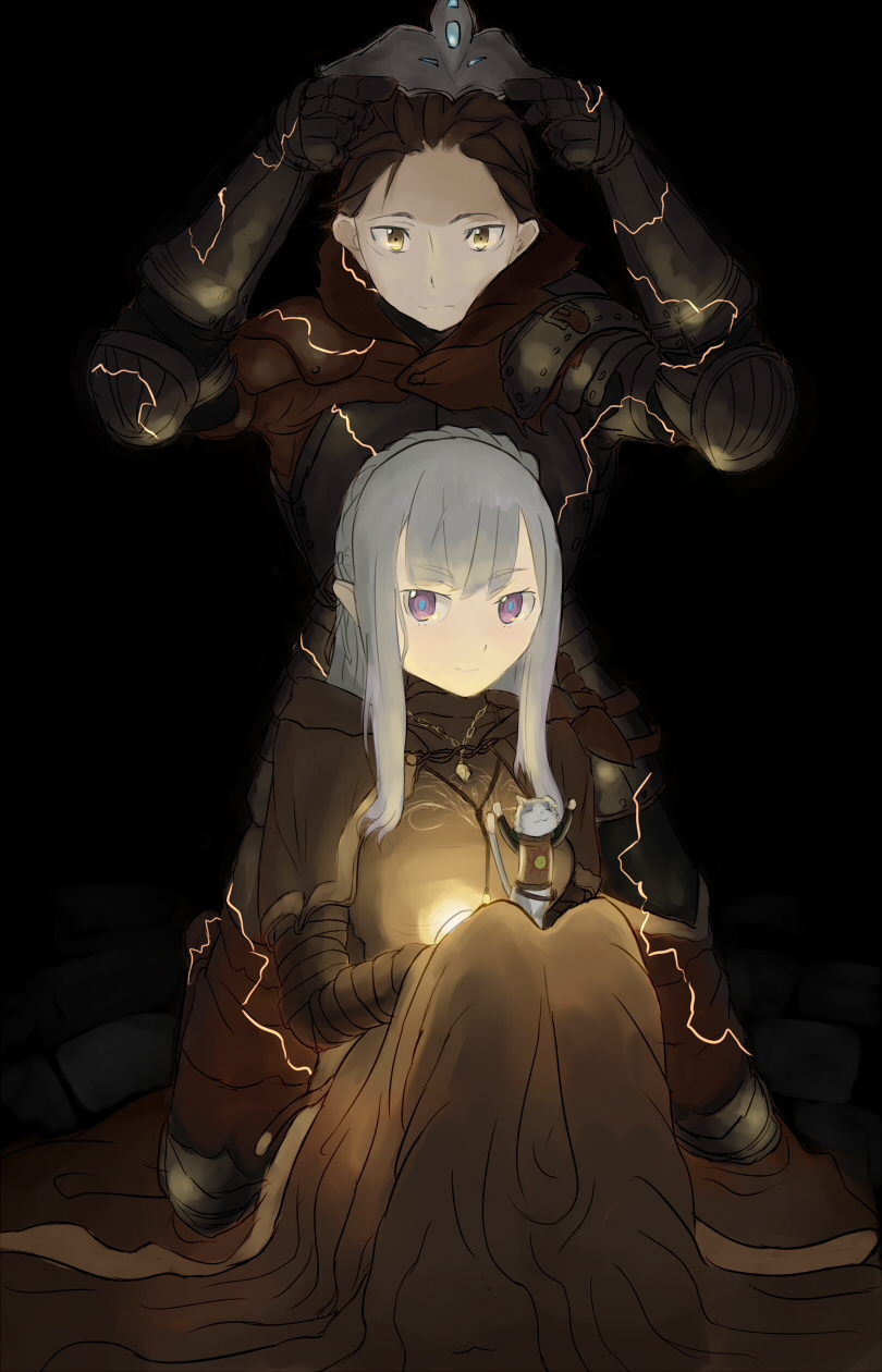 emilia, natsuki subaru, and puck (re:zero kara hajimeru isekai seikatsu and 2 more) drawn by lingmu_xizhizhu