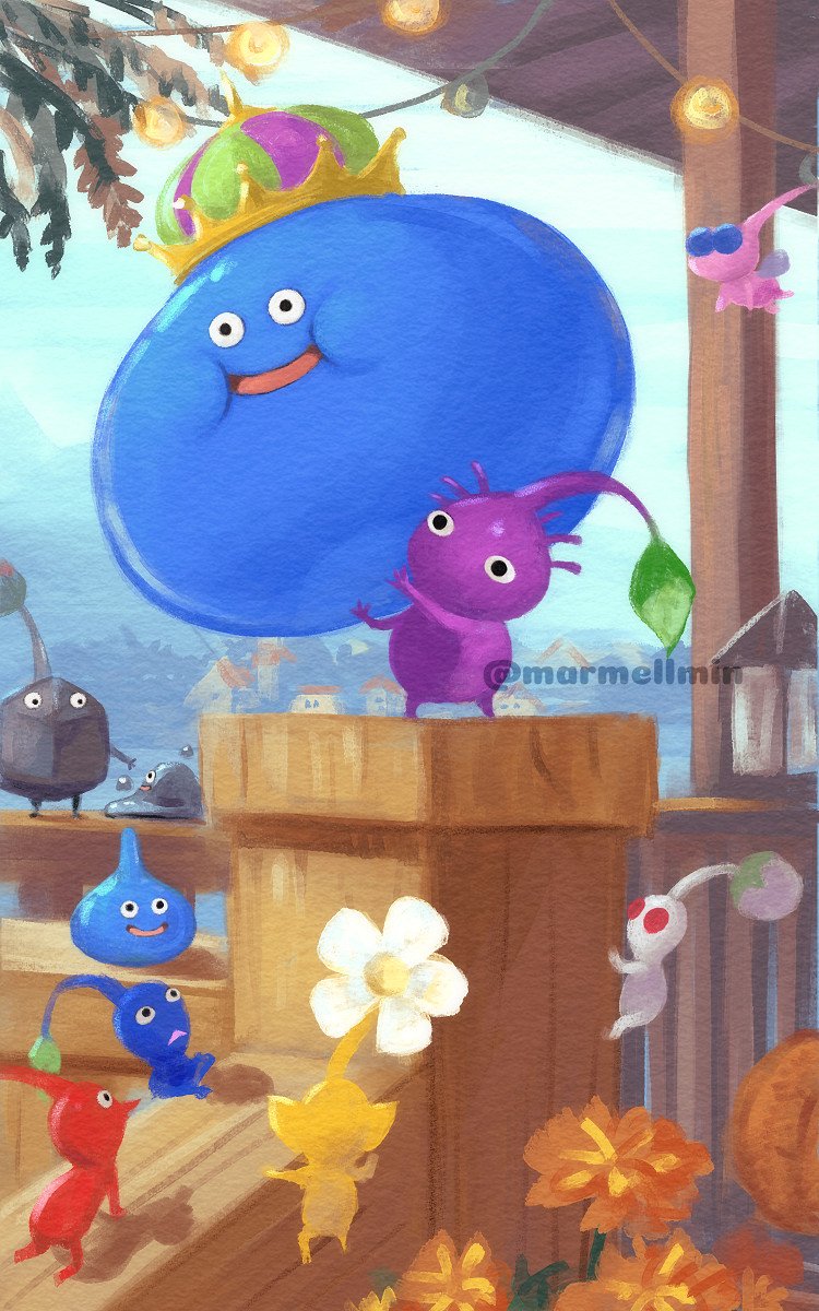 slime, red pikmin, yellow pikmin, blue pikmin, purple pikmin, and 6 more (dragon quest and 1 more) drawn by marmellmin