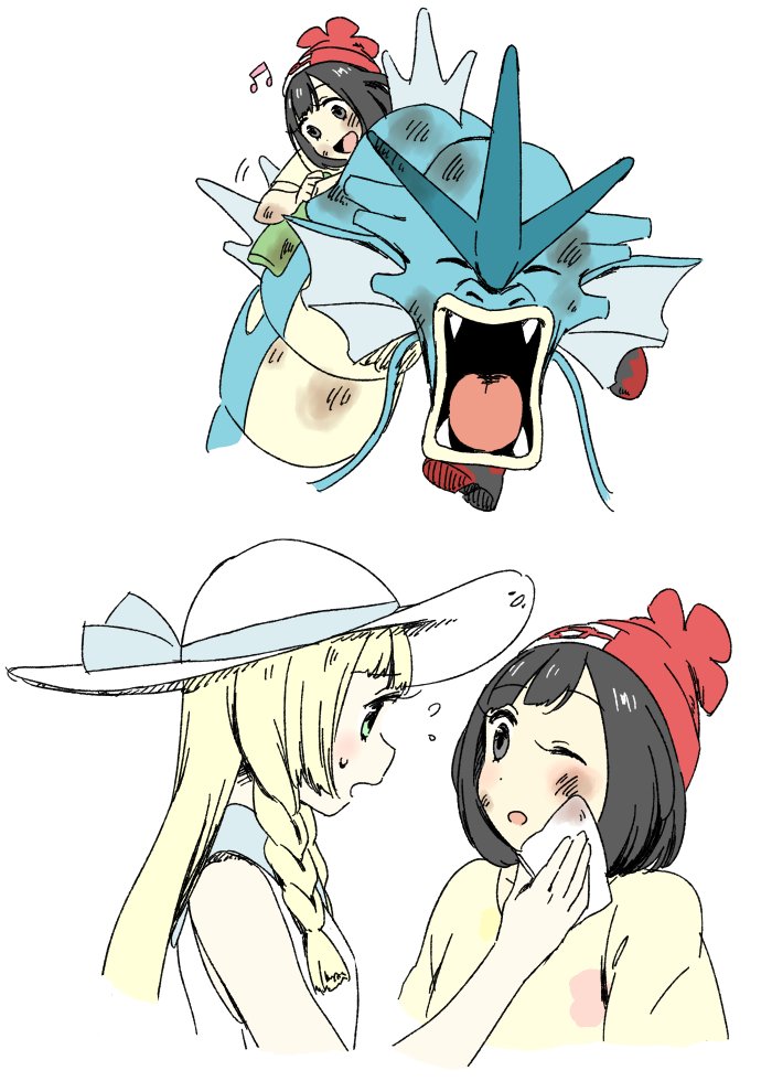 lillie, selene, and gyarados (pokemon and 1 more) drawn by murata_(igaratara)