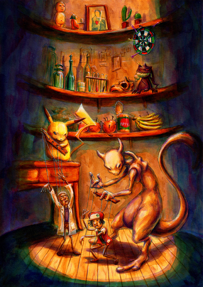 pikachu, red, mewtwo, banette, and professor oak (pokemon and 1 more) drawn by saboterian