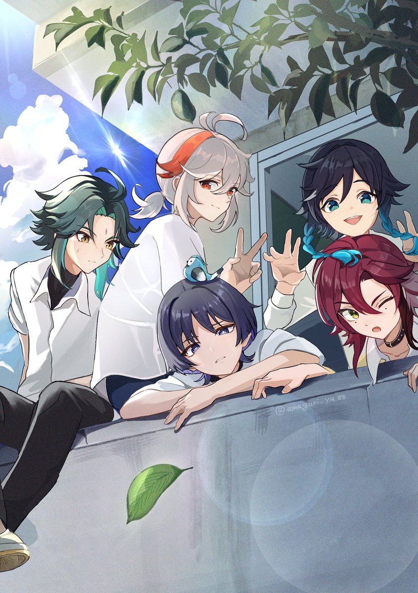 scaramouche, wanderer, venti, xiao, kaedehara kazuha, and 1 more (genshin impact) drawn by amaguri_ya